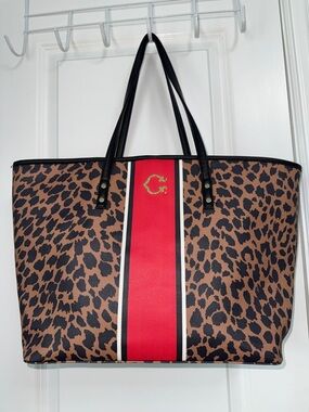 C. Wonder Leopard Print Tote with Red Center Stripe and Black Trim